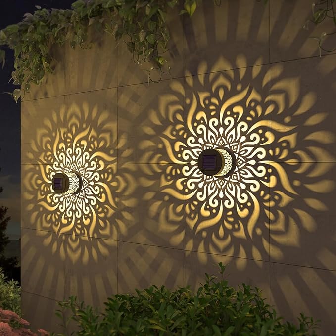 Decorative Solar Mandala Lights, Solar Mandala Lights Outdoor, Metal Solar Powered Outdoor Deck Step Wall Lights for Garden Post Patio Backyard Yard Decor (Monochrome)