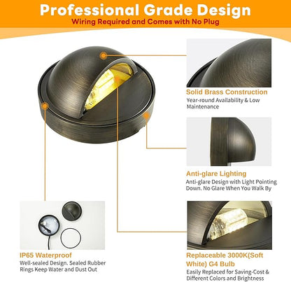 Gardenreet Low Voltage Deck Lights - Solid Brass Landscape Step Lights LED, 12V Hardwired IP65 Waterproof, Bronze Round for Stair Wall Yard with 3000K Soft White 3W 270LM G4 Bulb 8 Pack