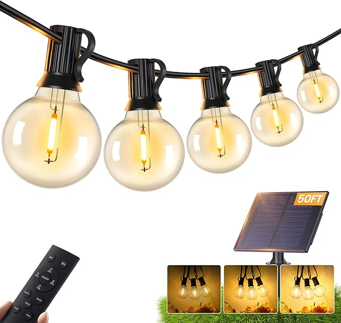 Brightever 50FT Solar String Lights Outdoor with Remote, 18+1 LED Shatterproof G40 Bulbs, 3 Lighting Modes & Timable, Waterproof Dimmable Solar Power Patio Lights for Camping, Backyard, Party