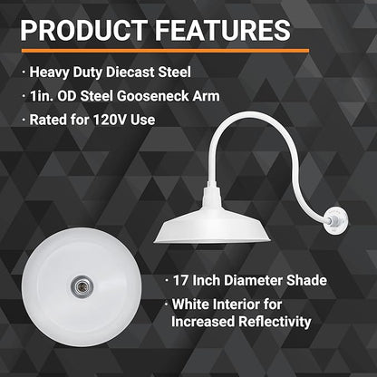 17in. White Finish Outdoor Gooseneck Barn Light Fixture with 24in. Long Extension Arm - Wall Sconce Farmhouse, Vintage, Antique Style - UL Listed - 9W 900lm A19 LED Bulb (5000K Cool White)