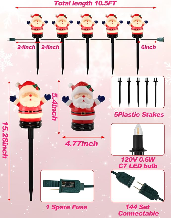 5 Pack Christmas Decorations Outdoor Santa Claus Pathway Lights, Connectable Garden Stakes with C7 Bulbs, UL | Lumora