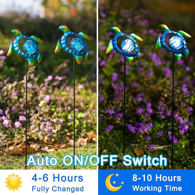 Solar Garden Lights Outdoor 2 Pack,Metal Decorative Stake Solar Lights Blue Sea Turtle Decor for | Lumora