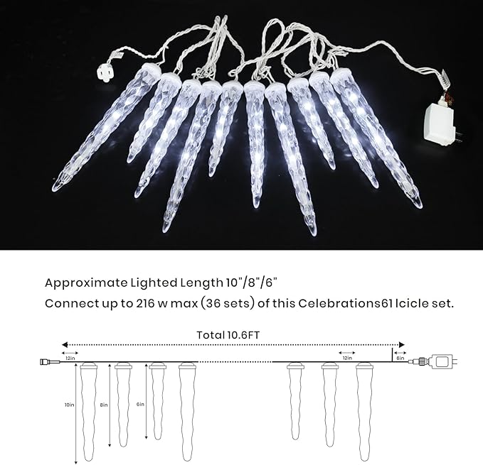 Meteor Shower Christmas Lights for Outside 61 LED 10.5 ft 10 Pieces Crystal Snow Falling Icicle Cascading Outdoor Cool White Wire connectable Waterproof Indoor for Garden Xmas Tree Wedding Decoration
