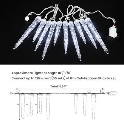Meteor Shower Christmas Lights for Outside 61 LED 10.5 ft 10 Pieces Crystal Snow Falling Icicle Cascading Outdoor Cool White Wire connectable Waterproof Indoor for Garden Xmas Tree Wedding Decoration