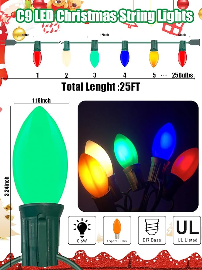 C9 LED Multicolor Christmas Lights, 25Ft Vintage C9 Christmas Lights with 26 LED Ceramic Colorful Bulbs, Hanging Connectable Xmas String Lights for Patio Garden Holiday Home Xmas Decor