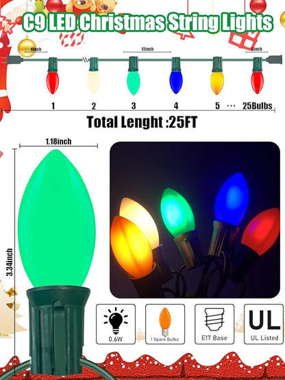 C9 LED Multicolor Christmas Lights, 25Ft Vintage C9 Christmas Lights with 26 LED Ceramic Colorful Bulbs, Hanging Connectable Xmas String Lights for Patio Garden Holiday Home Xmas Decor