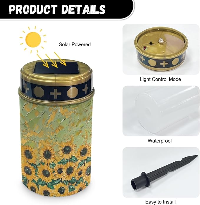 Outdoor Solar Lights Waterproof Garden Stake Lights LED Solar Lantern Solar Pathway Lights Solar Cross for Cemetery Landscape Lighting for Yard Patio Spotlights,Watercolor Sunflower Green