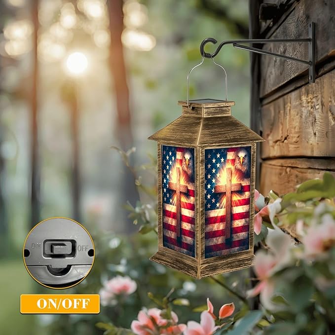Solar Lantern Outdoor Waterproof Christian Cross American Retro Patriotic Independence Day 4th July Garden Decor LED Solar Lights Hanging/Tabletop Lamp Gifts for Women Mom for Outside Yard Patio