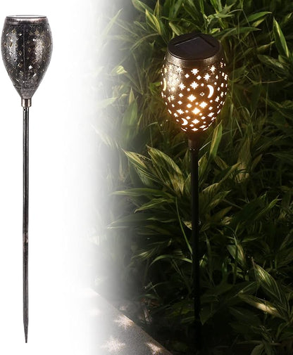 Topyond 2PCS Solar Pathway Lights Outdoor, LED Solar Powered Garden Lights, IP44 Waterproof Moon Light, Moon Star Hollow Pattern, Ground Insert Lamp for Walkway, Landscape