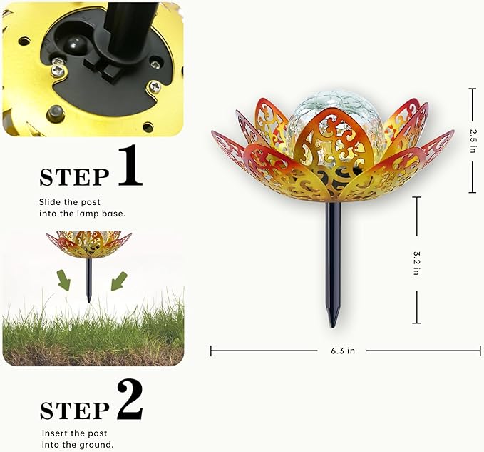 2 Pack Solar Lights Outdoor Garden 6.3 " Glass Lotus Lamp Waterproof LED Metal Flower Lights Outdoor Garden Table Decor for Outside Balcony, Patio, Deck, Porch, Walkway