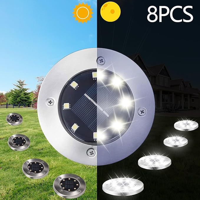 8 Pack Solar Inground Lights for Outside, 8 LED Waterproof Solar Disk Lights, Landscape Lighting for Garden Pathway, Cool White