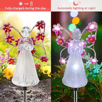 Solar Garden Lights, LED Angel Solar Landscape Decorative Lights, Outdoor Waterproof Solar Garden Stake Lights, Solar Pathway Lights for Patio Yard Lawn Grave Cemetery, Memorial Sympathy Gift (Pink)