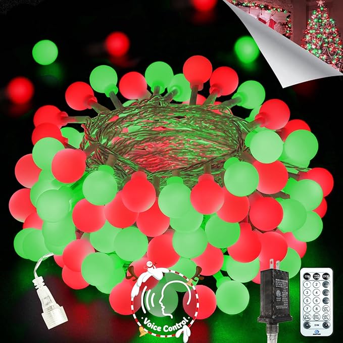 2025 New Connectable 43FT Smart Voice Controlled Christmas String Lights Indoor Outdoor | 100LED Red and Green Globe Twinkle Lights with Remote & Timer | 12 Modes Waterproof Christmas Tree Decorations