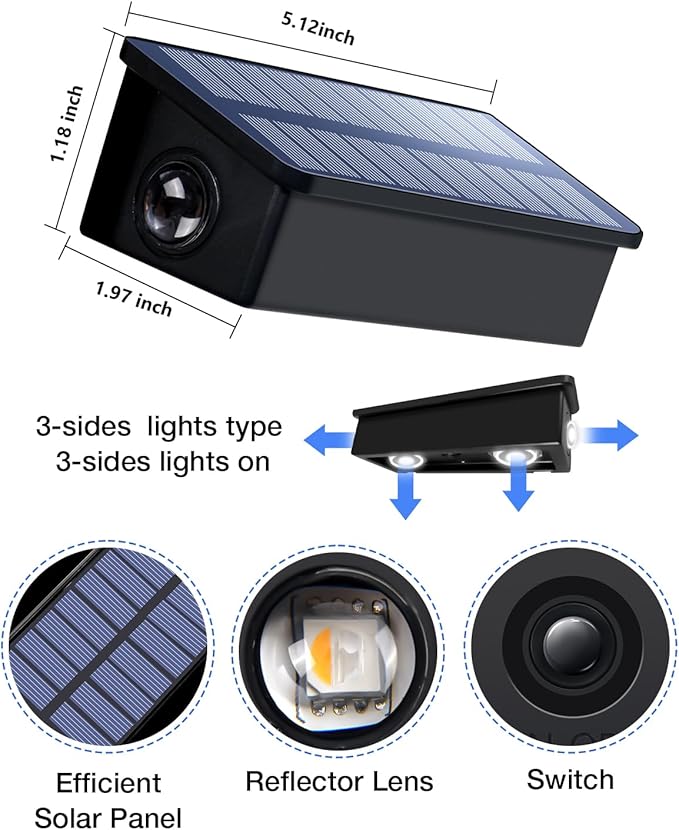 12 Pack 3-Side Solar Fence Lights Outdoor Waterproof with Cool White LED Spot Lens, for Wall, Deck, Patio, Yard | Lumora