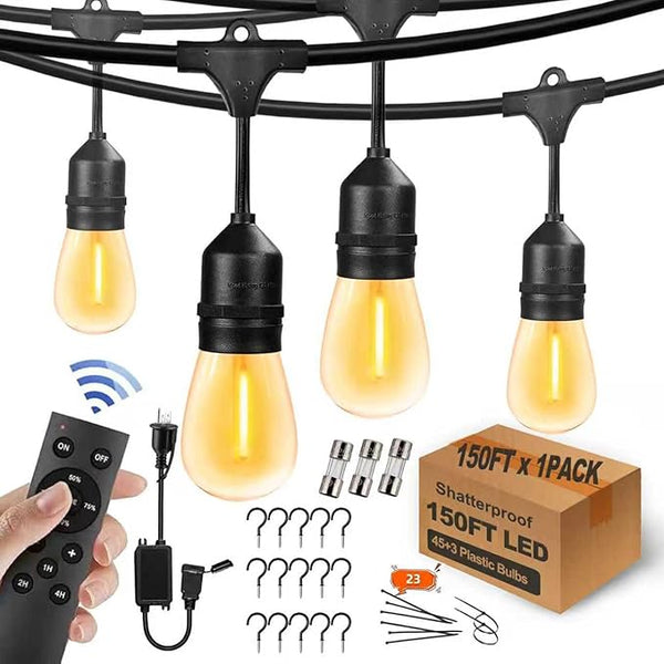 150FT String Lights for Outside Remote Controlled Waterproof with 48pcs Replaceable S14 Warm Bulbs for Patio | Lumora