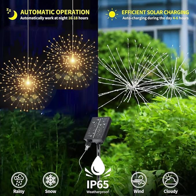 6 Pack LED Outdoor Solar Warm Light Gradient Fireworks Lights with Remote Control, Waterproof Solar&USB Powered Courtyard Atmosphere Decorative Lights,8 Modes DIY Path Light.