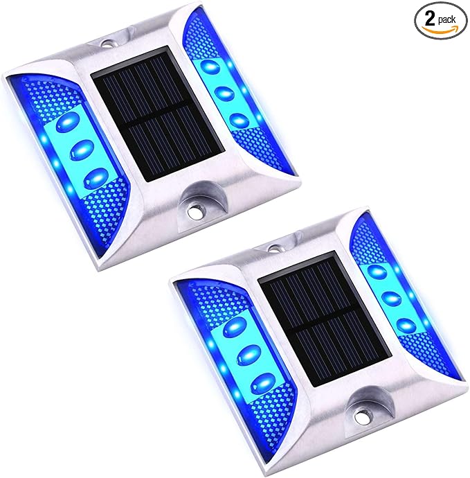 Aolyty Solar Driveway Dock Lights, IP68 Waterproof Solar Deck Light Outdoor Warning Step Light Reflective Road Marker for Sidewalk Stair Garden Pathway Walkway (2 Pack, Blue)