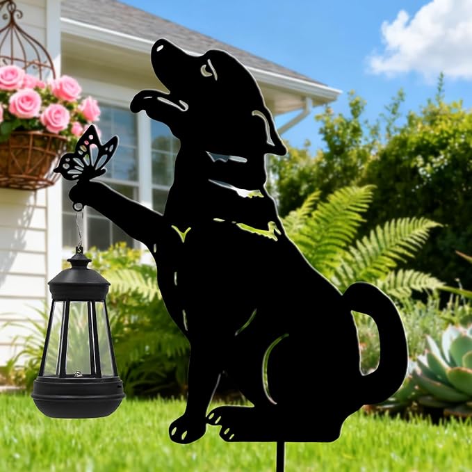 Black Dog Christmas Decorations Outdoor - Solar Lights Outdoor Garden Decor Stake with Butterfly Decorative Metal | Lumora