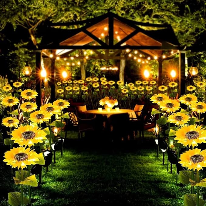 2 Pack Solar Sunflower Lights,Outdoor Garden Solar Powered Decorative Artificial Flower Stake for Patio Porch Christmas Gardening Bed Pathway Memorial Cemetery Grave Decor