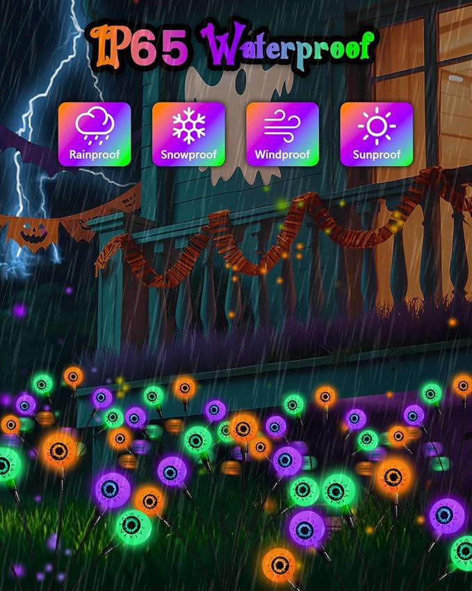 Solar Halloween Eyeball Lights Outdoor, 8Pack 48LED Purple Orange and Green Waterproof Eyeball Swaying Firefly Lights, Solar Halloween Pathway Light for Garden,Yard, Party, Halloween Decorations