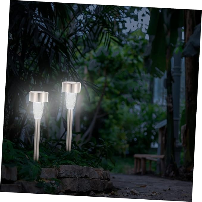 POPETPOP 12pcs Solar Powered Landscape Lights Stainless Steel Outdoor Pathway Lighting Kit for Patio Garden Solar Garden Lights with Automatic Charging and White LED Brightness