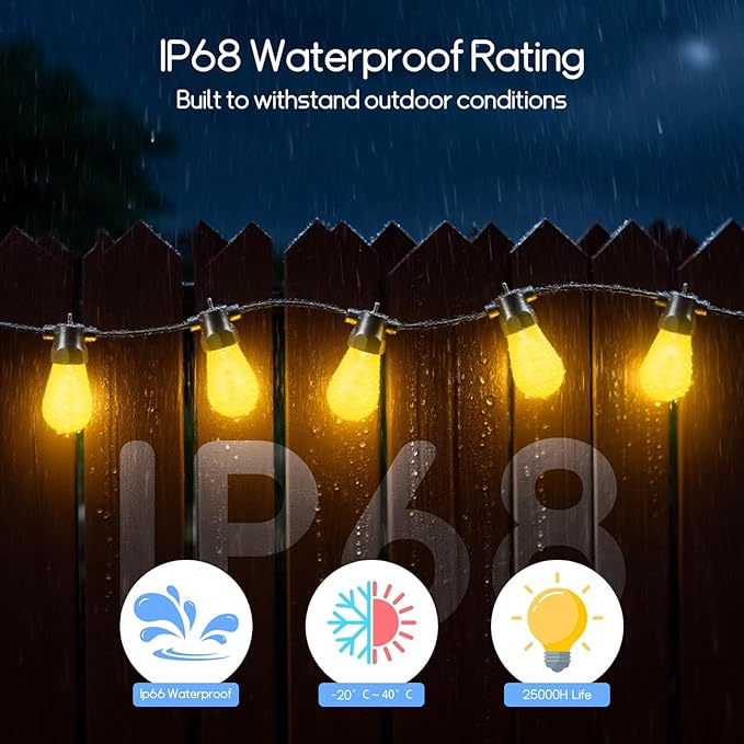 100ft Outdoor String Lights, RGBW Patio Lights with 30 LED Dimmable Bulbs, App & Remote Control, IP68 | Lumora