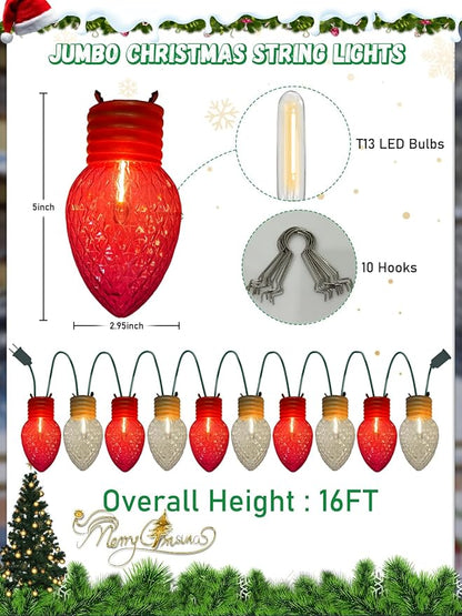 SUNSGNE Red and White Christmas Lights Outdoor, 16FT Colored Christmas Lights with 10 Count 5'' Diamond LED Bulbs for Roofline Patio Balcony Yard Porch Decorations