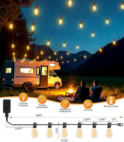 Tenmieo 100FT LED Outdoor String Lights with Remote, 35+ 1 Shatterproof Bulbs Waterproof and Dimmable Patio Lights for Porch, Garden, Backyard, Deck, Balcony, 2700K Hanging Lighting