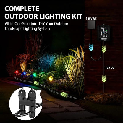 Outdoor All-in-One RGBWW Low Voltage Landscape Lighting Kit, 6-Pack 12W Color Changing LED Spotlight Light with Transformer and 16/2 Wire,12-24V AC/DC Waterproof for Yard Garden Festival Decor