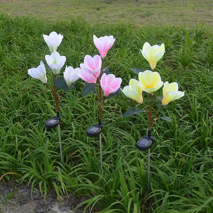 Solar Garden Lights Solar Light Outdoor, Magnolia Flower Lamp Stick Lamp 4 Forks Garden Ground Lamp for Home (Pink Magnolia White Light) (Color : Pink)