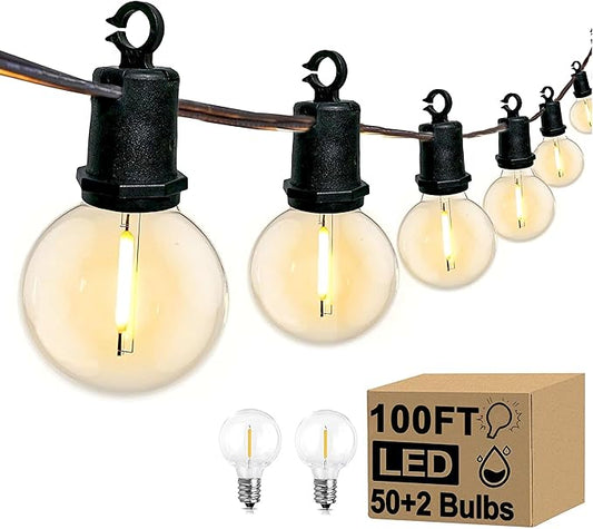 100Ft Chirstmas LED G40 Globe Outdoor String Lights Waterproof Patio Lights with 52 Shatterproof Warm White Bulbs, Hanging Outdoor Light for Backyard Balcony Wedding Christmas Party Decorations