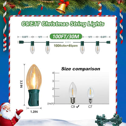C9 Christmas String Lights, 100 Feet Waterproof Connectable Lights, Christmas Lights for Indoor Outdoor Home Yard Roof Xmas Tree House Decorations, 100+4 Bulbs, Warm White