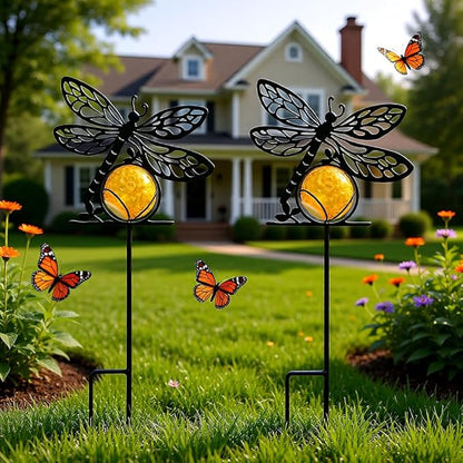 Dragonfly Solar Lights Outdoor Decorations, 2 Pack Metal Iron Solar Stake Lights for Yard, Garden, Lawn Decor