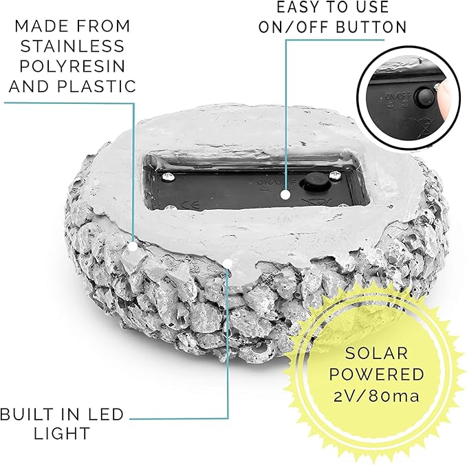 Morvat Grey Rock Solar Lights Outdoor Waterproof | Decorative Disk Lights for Outdoor Pathway | Garden Stones with Stone-Like Texture & IP44 Weatherproof Rating | Rock Solar LED Lighting, 6 Pack