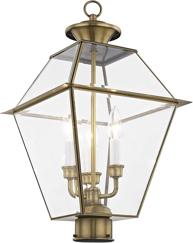 Livex Lighting Lantern 2384-01 Westover 3-Light Outdoor Post Head, Antique Brass | Lumora