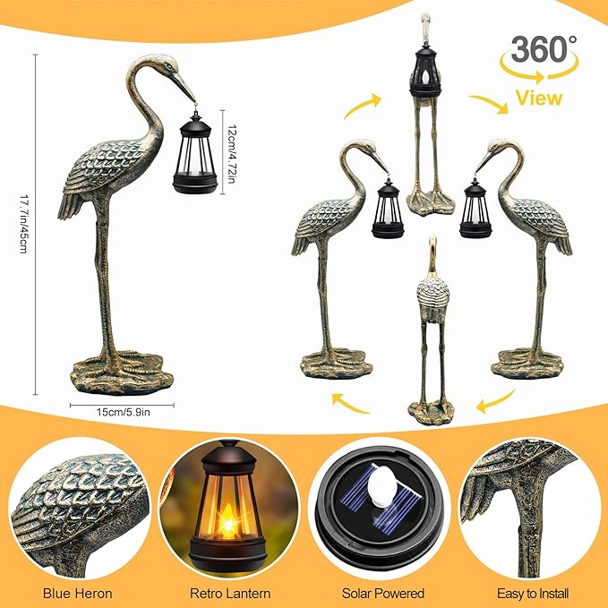 Solar Garden Statue Crane Figurine, Outdoor Hanging Solar Lanterns, 17.7 Inch Blue Heron Sculpture Statue for Patio Yard Porch, Garden Decor for Outside Birthday Gifts for Mom, Women Mother's Day
