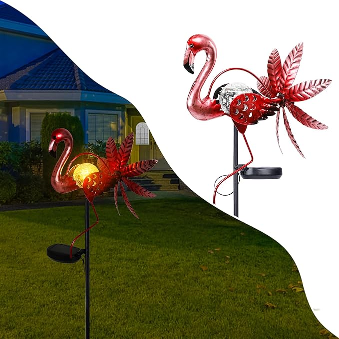 Bshine Flamingo Solar Light Wind Spinner Outdoor Garden Decoration, Waterproof Garden Stake LED with Cracked Glass Ball, Gift for Mom,Lawn Ornaments for Pathway, Patio, Yard Christmas Decor Outdoor