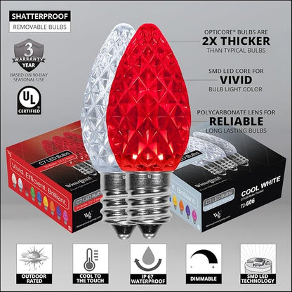 Wintergreen Lighting C7 OptiCore Commercial Red and Cool White Christmas Lights - LED Christmas String Lights, Outdoor Christmas Holiday Lights; Green Wire (50 Lights, 50 ft)
