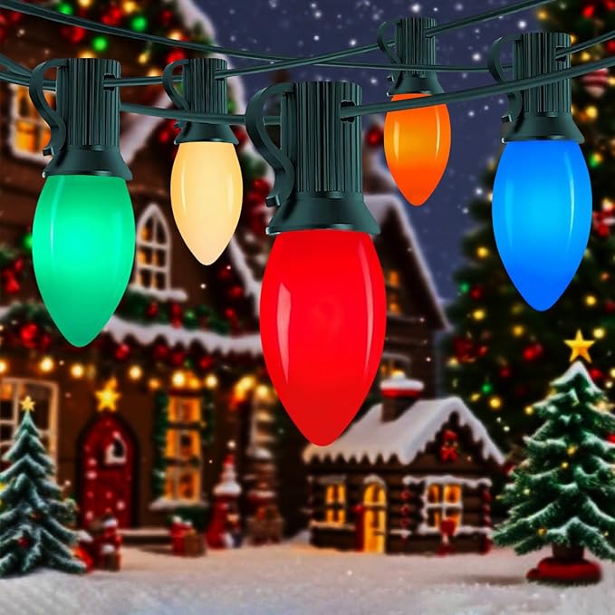 Christmas Lights Outdoor 25Ft C9 LED Vintage Christmas Lights with 27 LED Multicolor Ceramic Glass Bulbs(2 Spare), Connectable Plug in Xmas Light for Indoor Outside Home Patio Tree Holidays Decor