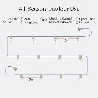 Brightech Ambience Pro LED String Lights - 26 Ft Commercial Grade Patio Lights Outdoor Waterproof with One Extra Pack of 15 Replacement 1W Bulbs - Globe Porch String Lights for Outside, Backyard