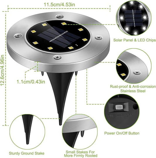 4Pcs Solar Ground Lights, IP65 Waterproof 8 LED Landscape Lighting Disc Light Pathway Lights Buried In-Ground for Pathway Garden Yard Lawn Walkway Landscape Driveway Outdoor