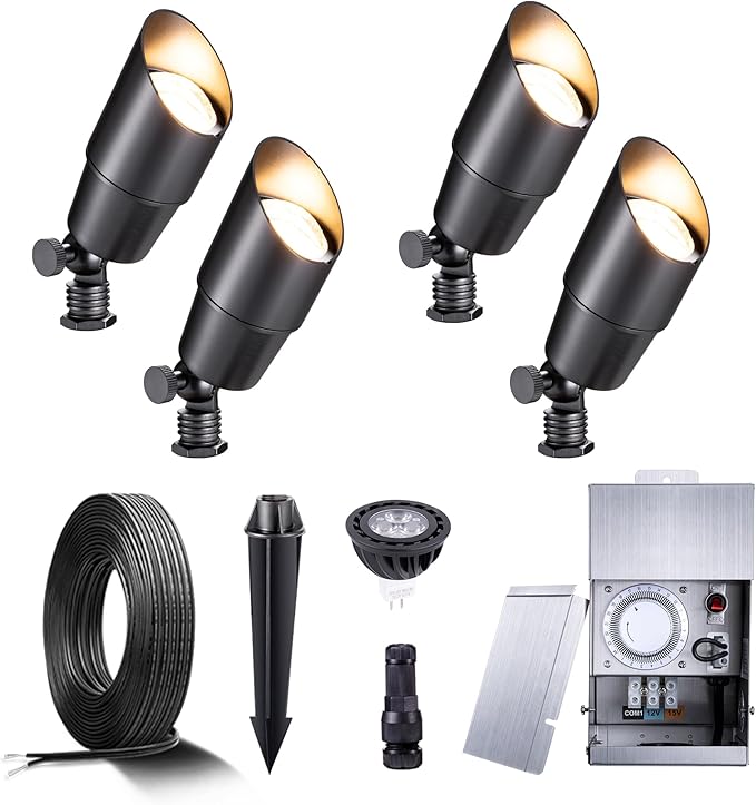 Gardenreet Black Brass Landscape Lighting Kit (4-Pack LED Spotlights) with Low Voltage Transformer 75W and | Lumora
