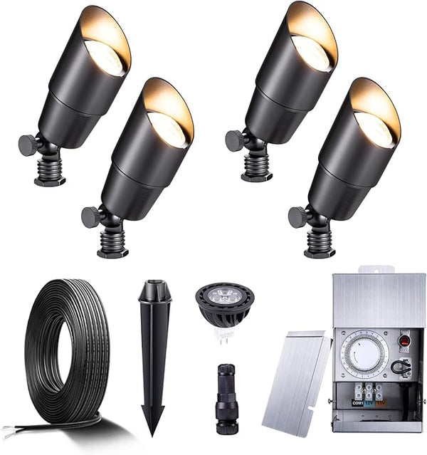 Gardenreet Black Brass Landscape Lighting Kit (4-Pack LED Spotlights) with Low Voltage Transformer 75W and | Lumora
