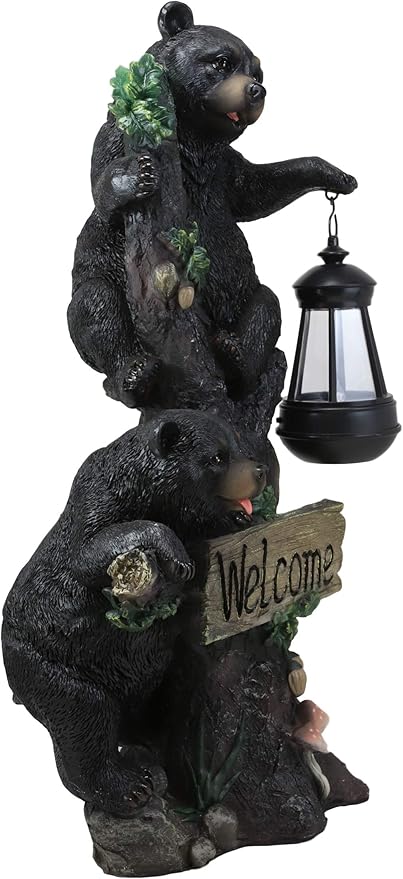 Ebros Climbing Black Bear Cubs Garden Light Statue Figurine Solar LED Lantern Light Welcome Sign Guest Greeter Decor for Patio Poolside Garden Home