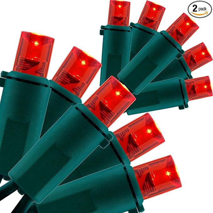 YULETIME Red Wide Angle LED Christmas Lights 200 Count 50 ft, Pack of 2 Strands 25 ft 100 Lights UL Certified String Light Set (Red)