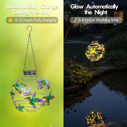2 Pack Hummingbird Solar Lights Outdoor Hanging Lantern with Handle, Solar Powered Hummingbird Garden Decor for Outside Patio Yard Porch Pathway Hummingbird Gifts for Women (Warm White LED Lights)