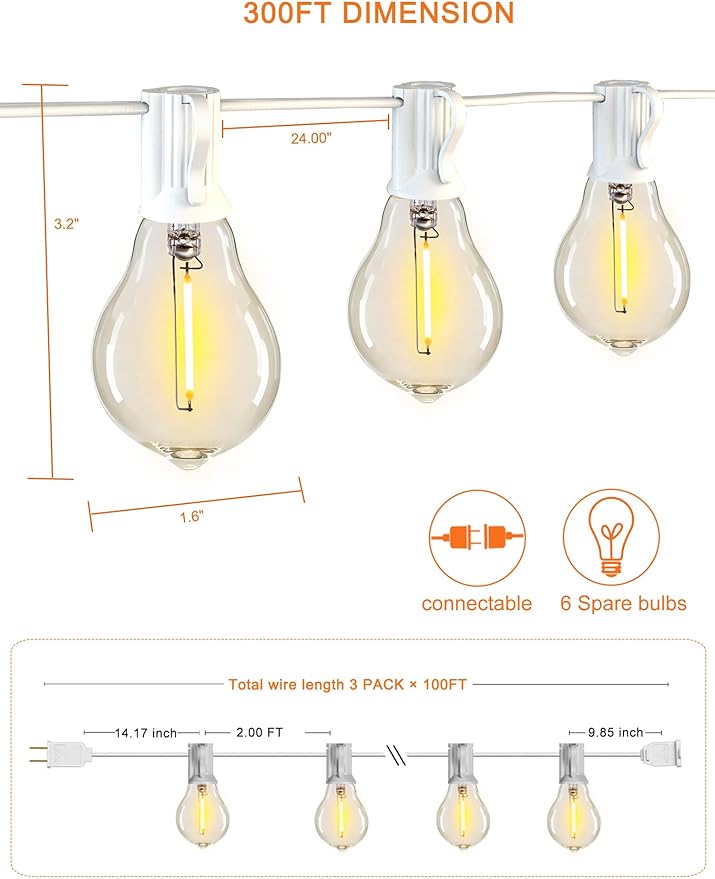 DAMAING Outdoor String Lights 300FT(3x100FT) Waterproof Patio Lights with 156 Shatterproof Dimmable LED Edison Bulbs,Connectable Outdoor Lights for Backyard Party Wedding Outside, 2200K White Cord