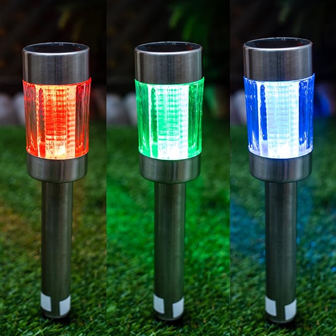 Crosslight Solar Four Light Color Glass Metal Pathway Light - Weatherproof with Color Select LED's; Pure White, Red, Green and Blue (15-Pack)