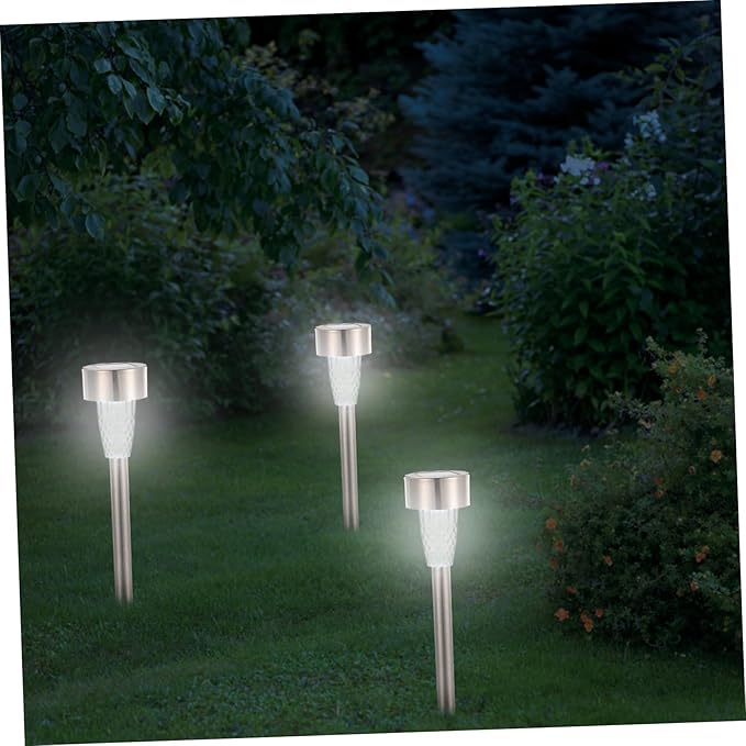 Wakauto 12pcs Solar Powered Stainless Steel Lawn Lights Outdoor Garden Pathway Lighting Kit with Bright White LED for Patio Decor