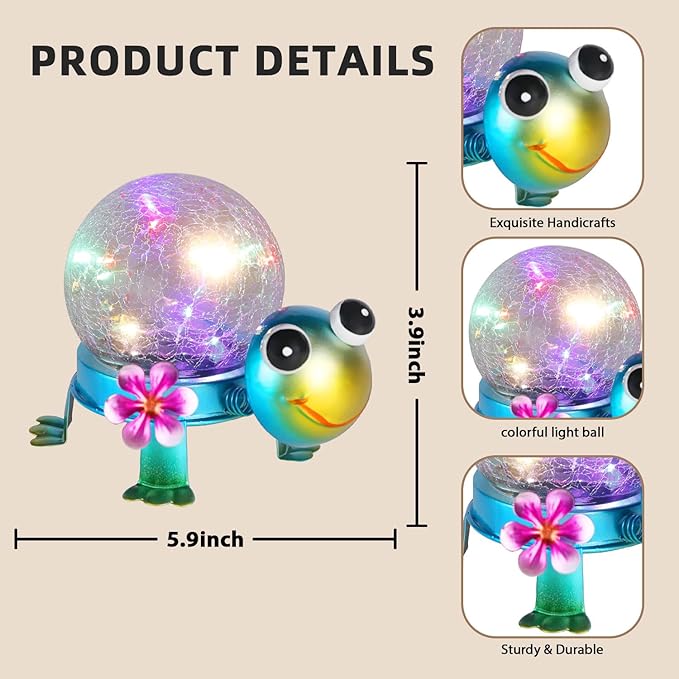 Solar Lights Outdoor Turtle Garden Decor with Crackle Glass Globe Lights - Cute Metal Turtle Statue for Yard Lawn | Lumora
